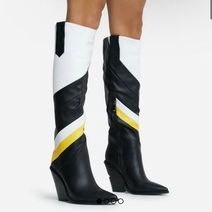 STRIPE POINTED TOE PANELLED BLOCK HEEL KNEE HIGH COWBOY BOOT IN BLACK